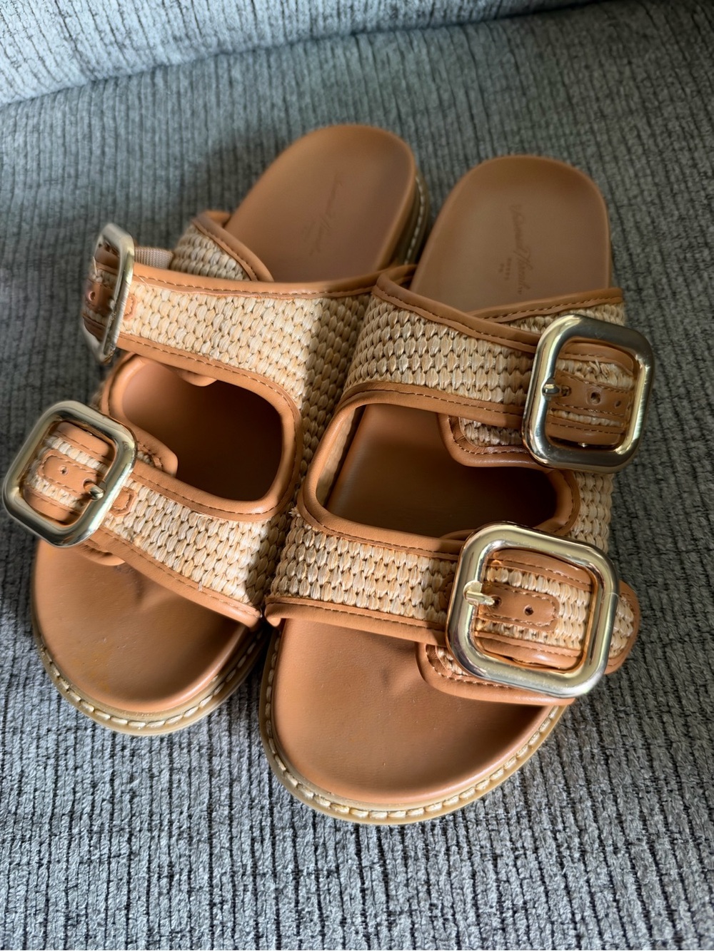 Tan Woven Slide Sandals with Gold Buckles